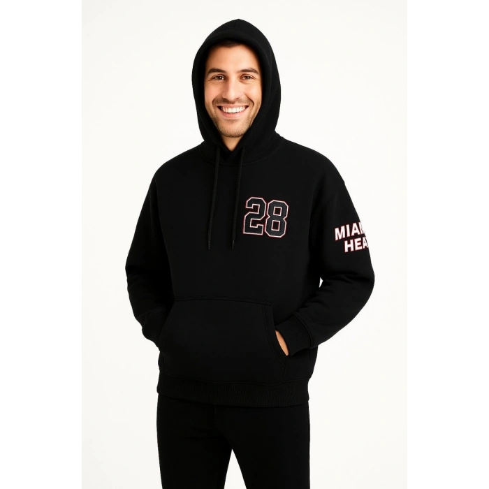 Kapşonlu Sweatshirt – Oversize Fit, Ön  Arka Baskılı,- Siyah -
