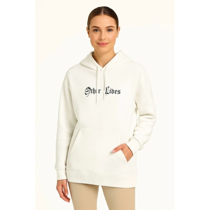 Kapşonlu Sweatshirt – Oversize “Other Lives” Ön  Arka Baskıl Beyaz -