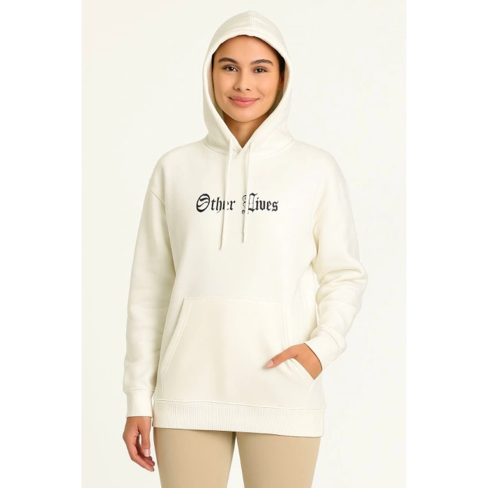 Kapşonlu Sweatshirt – Oversize “Other Lives” Ön  Arka Baskıl Beyaz -