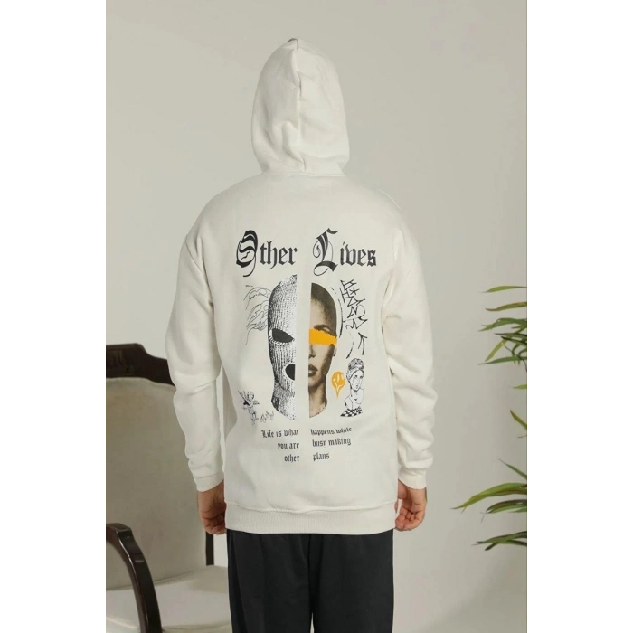 Kapşonlu Sweatshirt – Oversize “Other Lives” Ön  Arka Baskılı,- Beyaz -