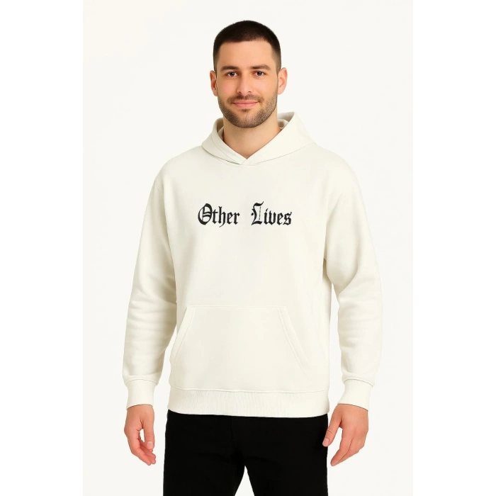 Kapşonlu Sweatshirt – Oversize “Other Lives” Ön  Arka Baskılı- Beyaz -