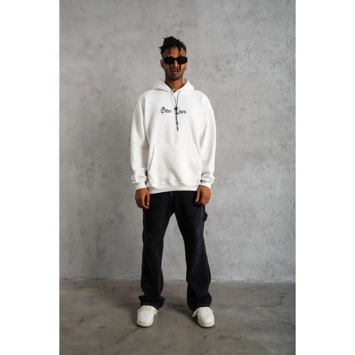 Kapşonlu Sweatshirt – Oversize “Other Lives” Ön  Arka Baskılı,- Beyaz -