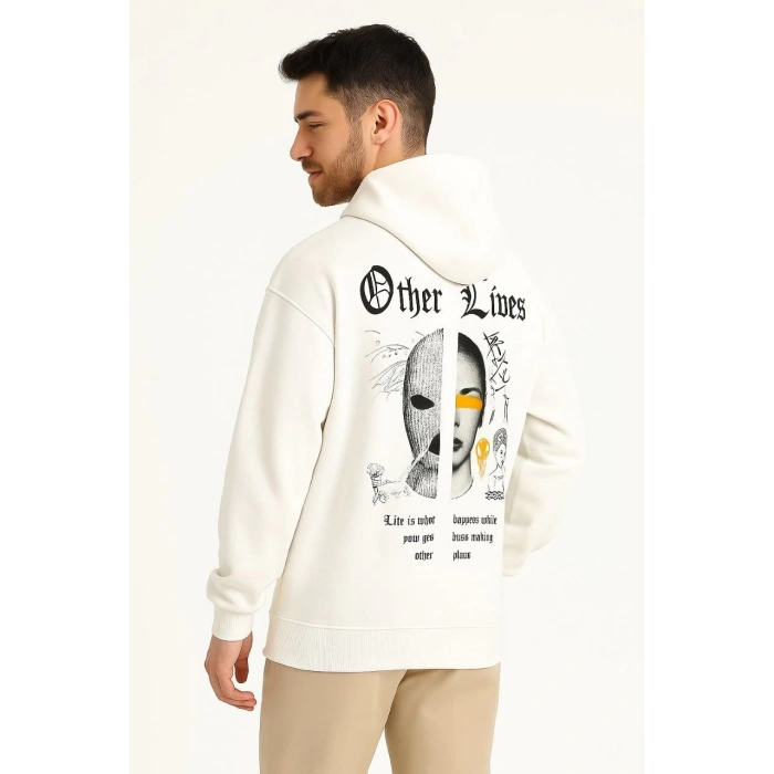 Kapşonlu Sweatshirt – Oversize “Other Lives” Ön  Arka Baskılı- Beyaz -