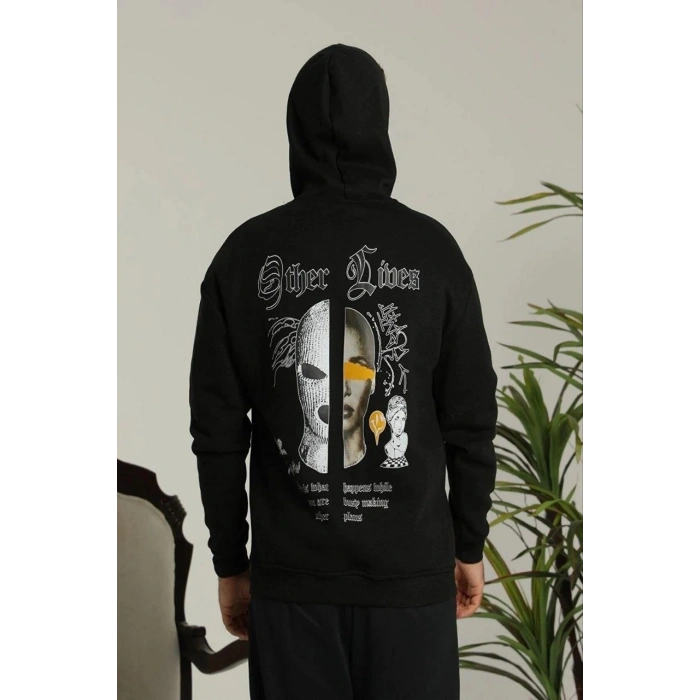 Kapşonlu Sweatshirt – Oversize “Other Lives” Ön  Arka Baskılı,-Siyah -