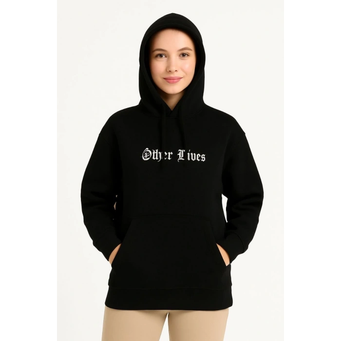 Kapşonlu Sweatshirt – Oversize“Other Lives” Ön  Arka Baskılı, Siyah -
