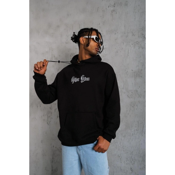 Kapşonlu Sweatshirt – Oversize “Other Lives” Ön  Arka Baskılı,-Siyah -