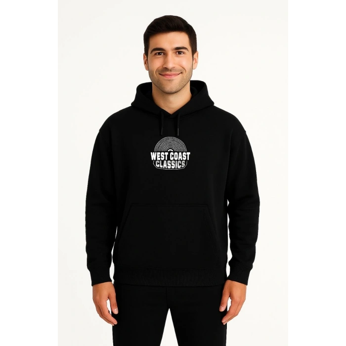 Kapşonlu Sweatshirt – “West Coast Classics” Ön  Arka Baskılı,- Siyah -
