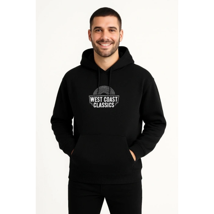 Kapşonlu Sweatshirt – “West Coast Classics” Ön  Arka Baskılı,- Siyah -