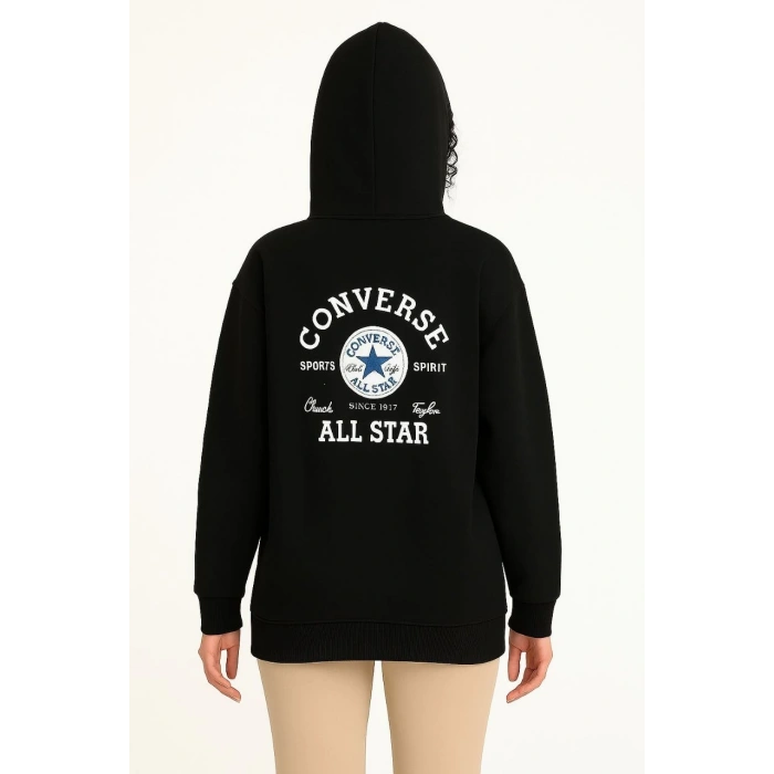 Kapşonlu SweatshirtOversize Fit, Ön  Arka Baskılı, Siyah -