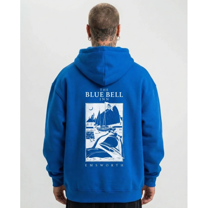 Kapüşonlu Double Oversize Hoodie – Üç İplik Pamuklu, Deniz ve Yelken Baskılı, Kanguru Cepli Premium Sweatshirt - Saks Mavi