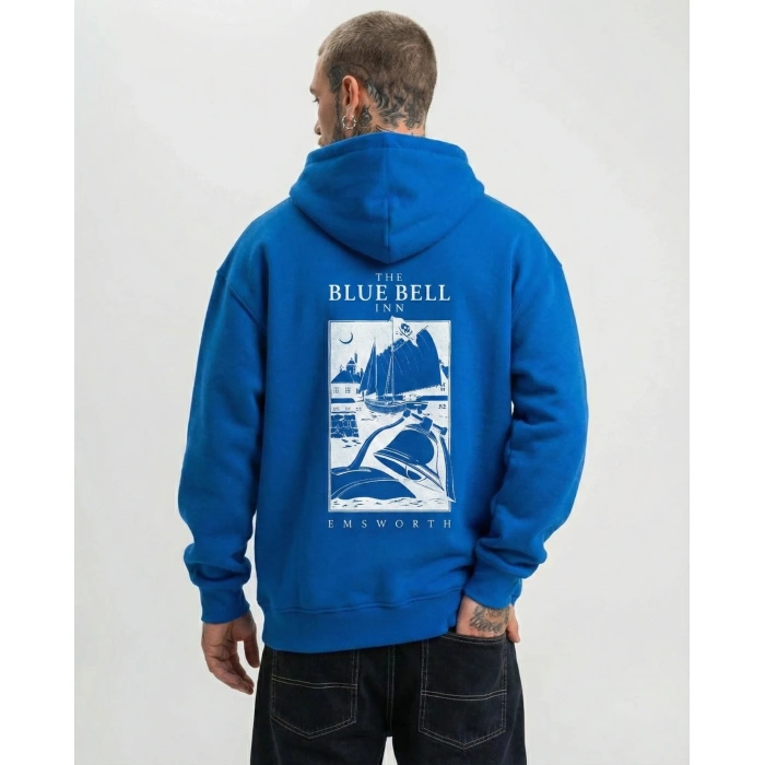 Kapüşonlu Double Oversize Hoodie – Üç İplik Pamuklu, Deniz ve Yelken Baskılı, Kanguru Cepli Premium Sweatshirt - Saks Mavi