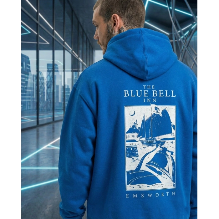 Kapüşonlu Double Oversize Hoodie – Üç İplik Pamuklu, Deniz ve Yelken Baskılı, Kanguru Cepli Premium Sweatshirt - Saks Mavi