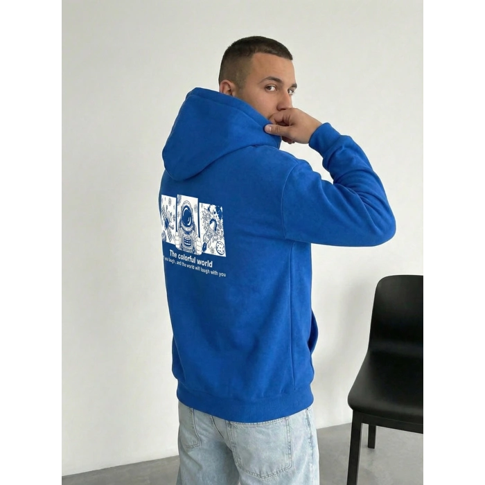 Kapüşonlu Oversize Hoodie – Üç İplik Pamuklu, Astronot Temalı Renkli Dünya Baskılı, Kanguru Cepli Premium Sweatshirt - Saks Mavi