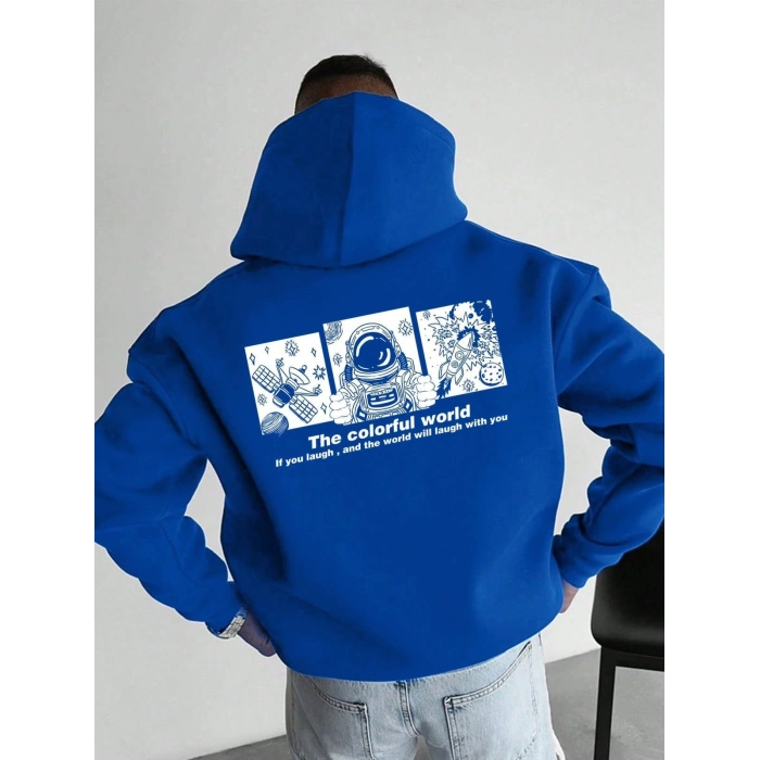 Kapüşonlu Oversize Hoodie – Üç İplik Pamuklu, Astronot Temalı Renkli Dünya Baskılı, Kanguru Cepli Premium Sweatshirt - Saks Mavi