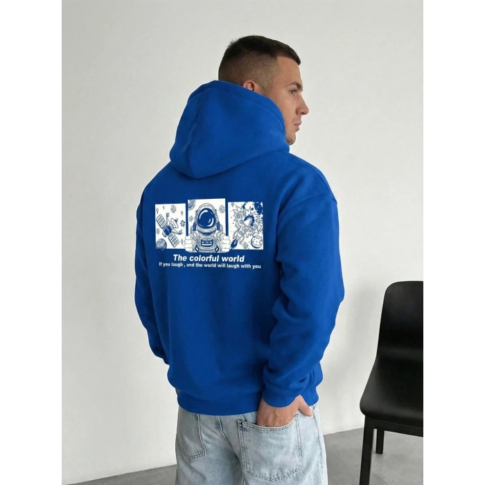 Kapüşonlu Oversize Hoodie – Üç İplik Pamuklu, Astronot Temalı Renkli Dünya Baskılı, Kanguru Cepli Premium Sweatshirt - Saks Mavi