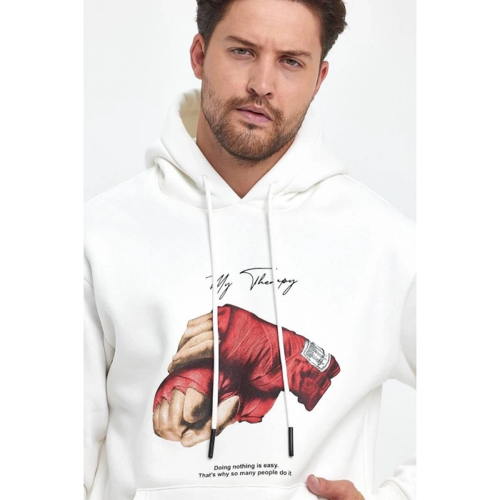 Kapüşonlu Üç İplik Oversize Baskılı Sweatshirt - Beyaz -