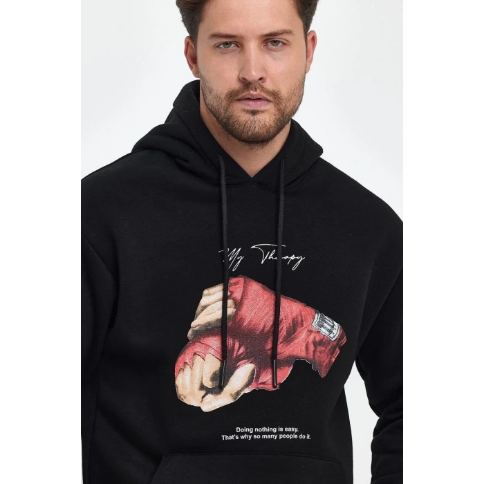 Kapüşonlu Üç İplik Oversize Baskılı Sweatshirt - Siyah -