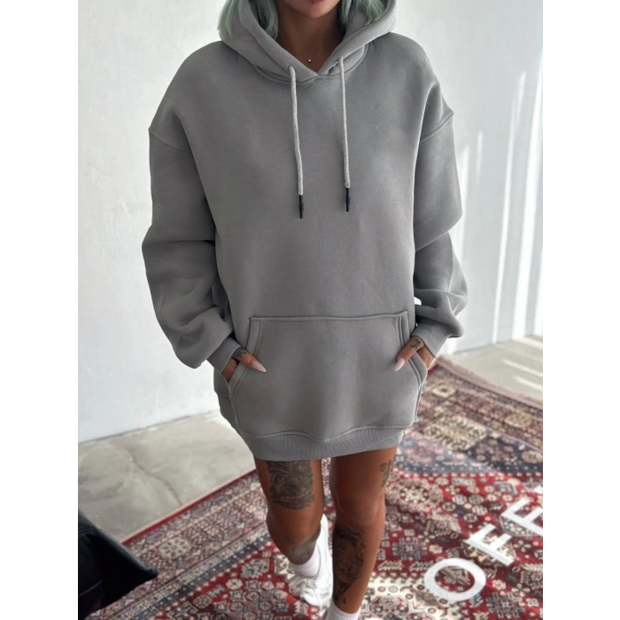 Kapüşonlu Üç İplik Penye Basic SweatShirt - Boyalı Gri -
