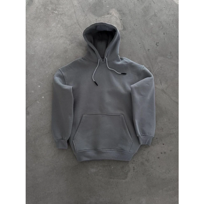 Kapüşonlu Üç İplik Penye Basic SweatShirt - Boyalı Gri -