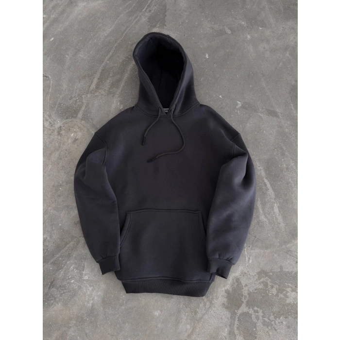 Kapüşonlu Üç İplik Penye Basic SweatShirt - Füme -