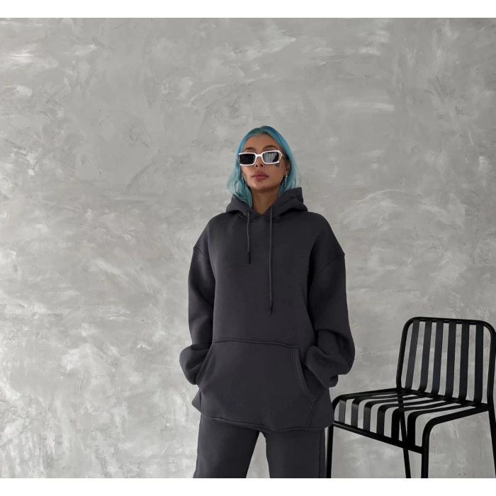 Kapüşonlu Üç İplik Penye Basic SweatShirt - Füme -
