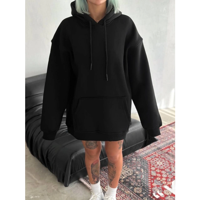Kapüşonlu Üç İplik Penye Basic SweatShirt - Siyah -