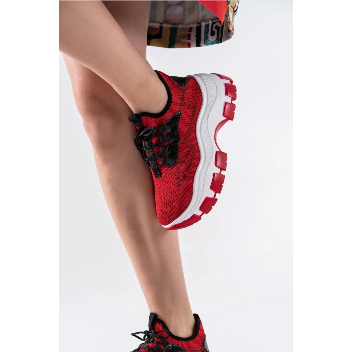 Karabina Kırmızı Triko Kalın Tabanlı Spor Ayakkabı