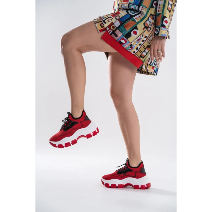 Karabina Kırmızı Triko Kalın Tabanlı Spor Ayakkabı