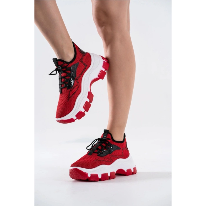 Karabina Kırmızı Triko Kalın Tabanlı Spor Ayakkabı