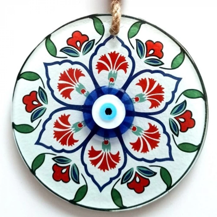 Karanfil Desenli Nazar Boncuklu Füzyon Cam Duvar Süsü