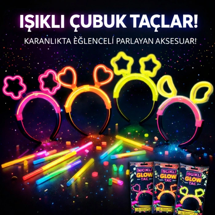 Karanlıkta Parlayan Glow Taç Seti 12 Adet – Yıldız Kalp Ay Çiçek (Her Model 3 Adet) (4887)