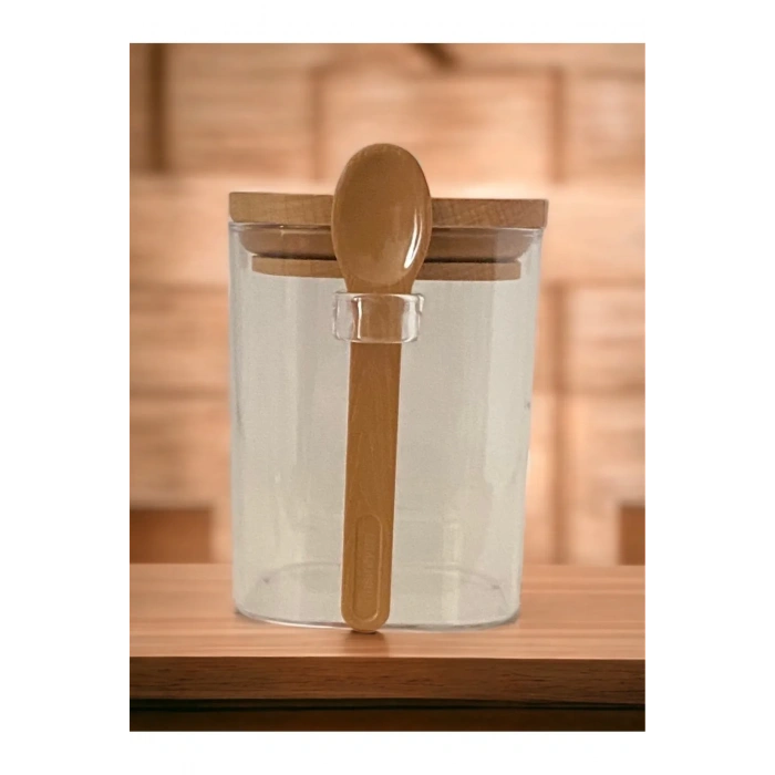 Kare Bambu Kapaklı Kaşıklı kristal plastik Baharat Saklama Kabı 500ml ( 1 adet ) -HS501