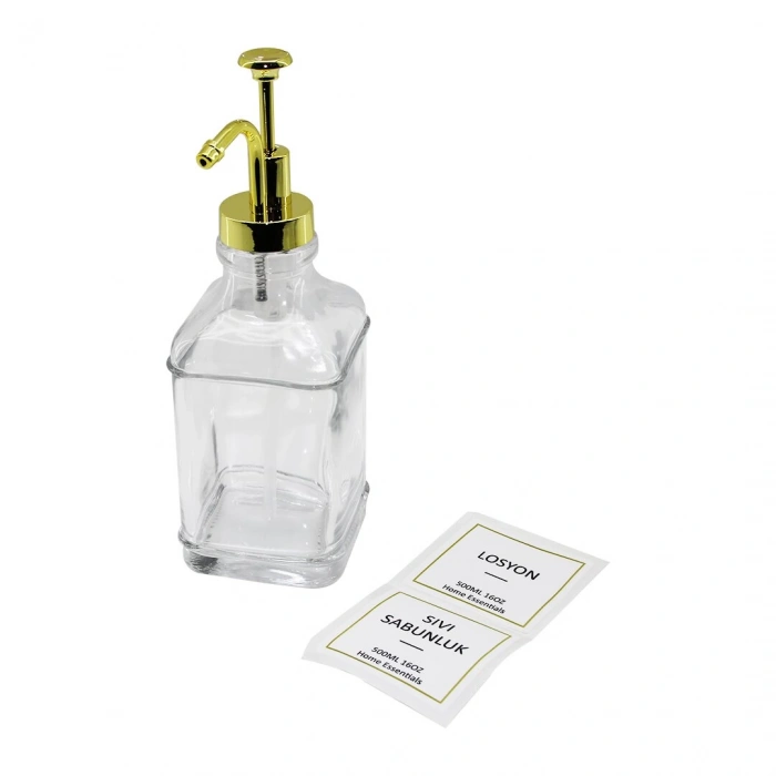 KARE   CAM ŞİŞE ŞEFFAF  DAMLATMAZ YAĞDANLIK 500ML POMPA - MUSLUK AYRIK MODEL BAŞLI (4887)