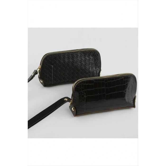 Karışık Desenli Siyah Dikdörtgen Deri Cüzdan