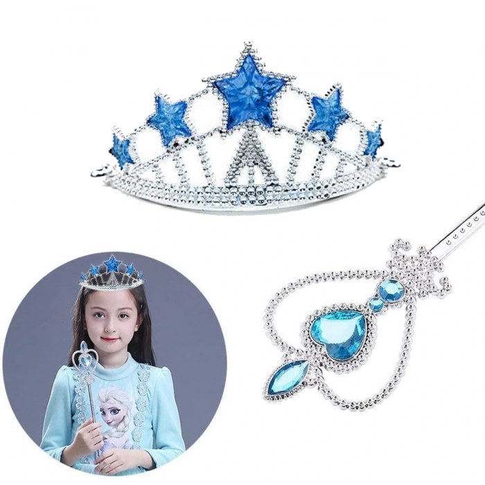 Karlar Ülkesi Elsa Yıldız Mavi Taç Ve Asa Seti