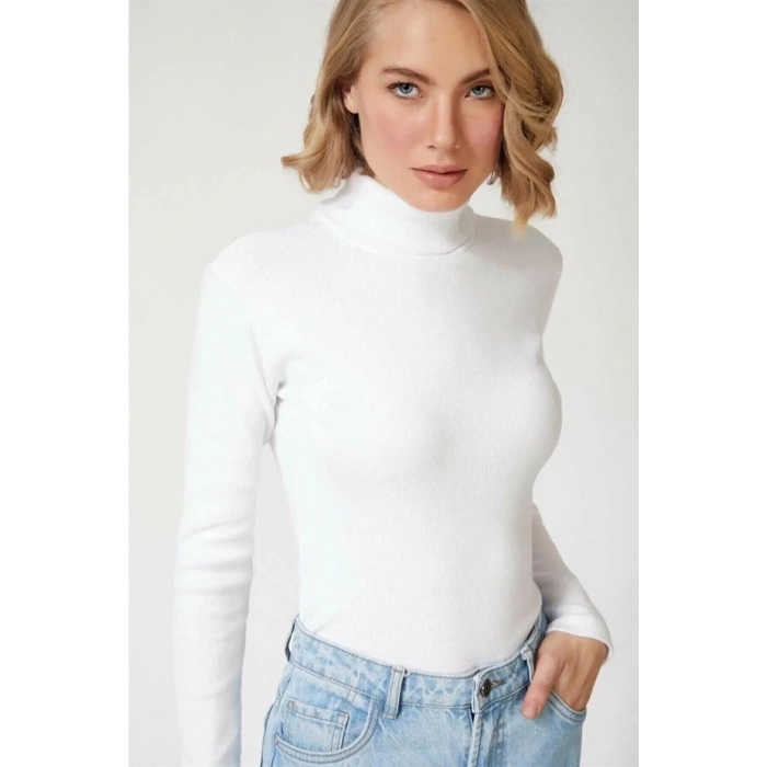 Kaşkorse Boğazlı Full Likralı Fitilli Body Kazak - Beyaz