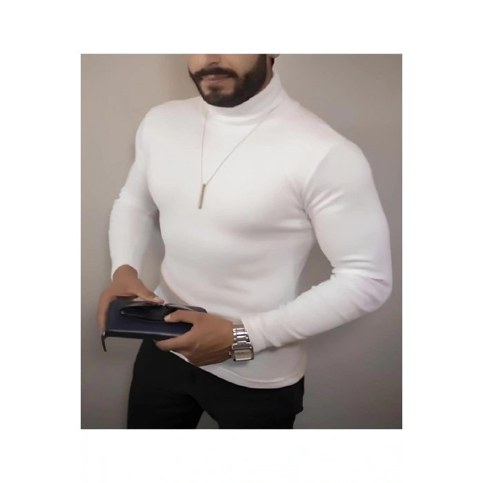 Kaşkorse Boğazlı Full Likralı Fitilli Body Kazak - Beyaz