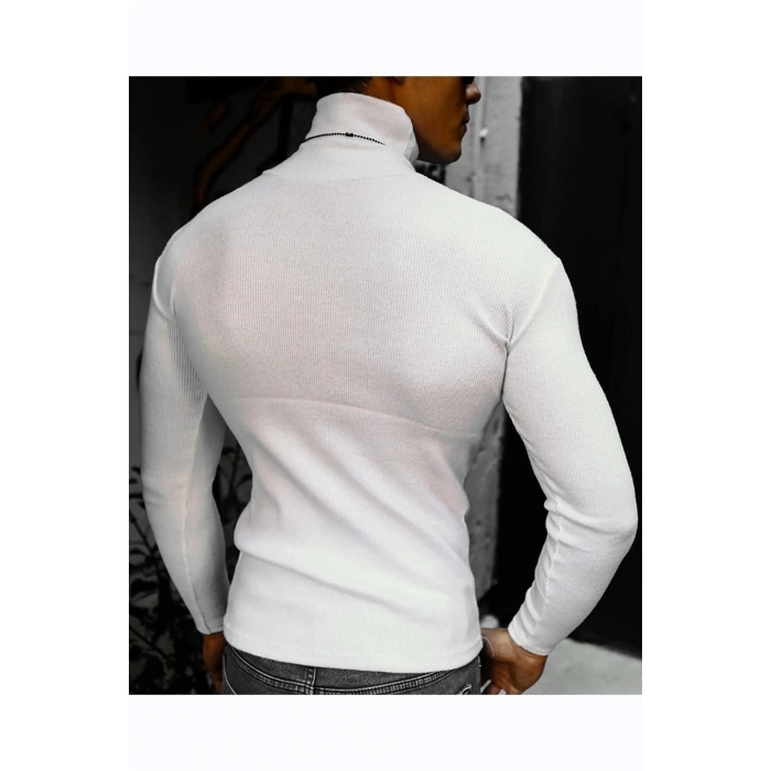 Kaşkorse Boğazlı Full Likralı Fitilli Body Kazak - Beyaz