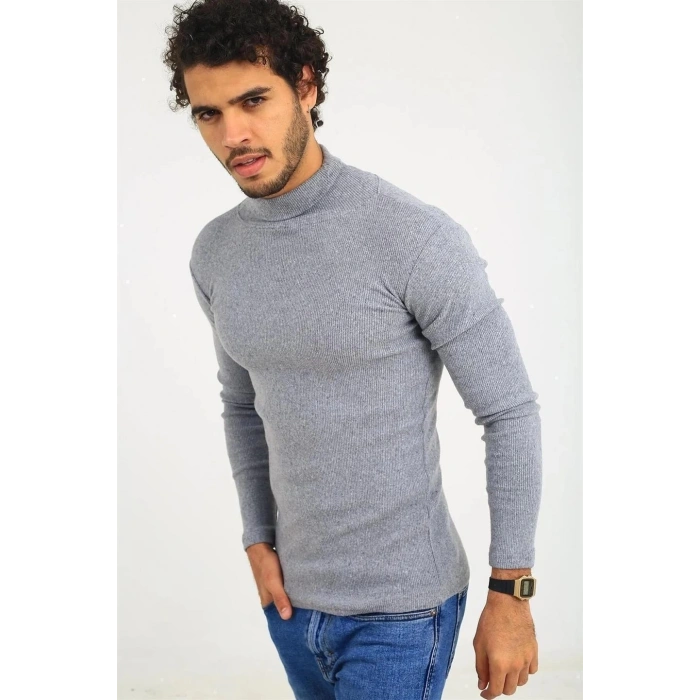 Kaşkorse Boğazlı Full Likralı Fitilli Body Kazak - Gri -