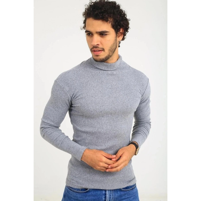 Kaşkorse Boğazlı Full Likralı Fitilli Body Kazak - Gri -