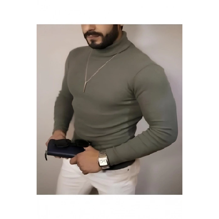 Kaşkorse Boğazlı Full Likralı Fitilli Body Kazak - Haki -
