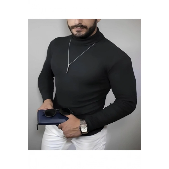Kaşkorse Boğazlı Full Likralı Fitilli Body Kazak - Siyah