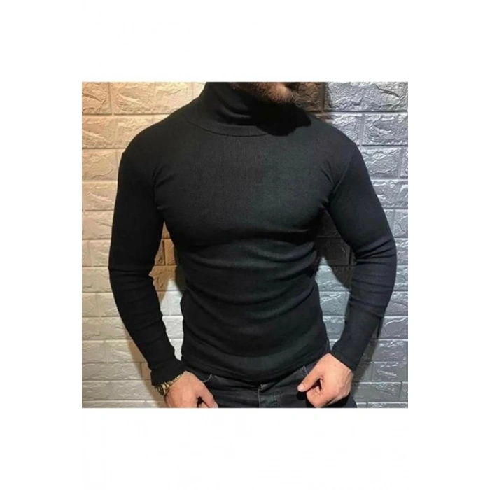 Kaşkorse Boğazlı Full Likralı Fitilli Body Kazak - Siyah