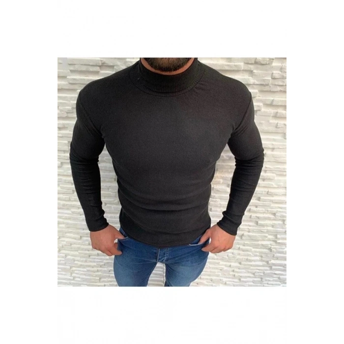 Kaşkorse Boğazlı Full Likralı Fitilli Body Kazak - Siyah