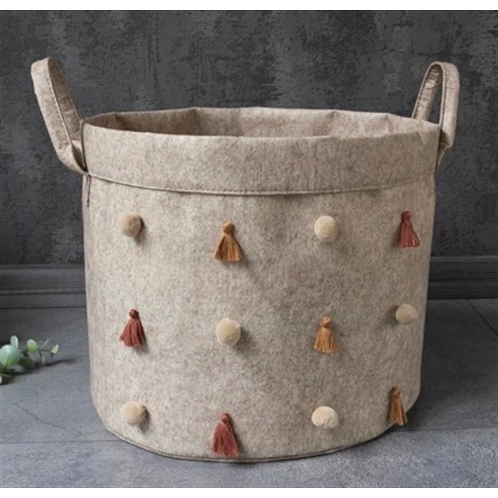 Katlanabilir Çok Amaçlı Ponponlu Yuvarlak Düzenleyici Saklama Kutusu Organizer Keçe Set