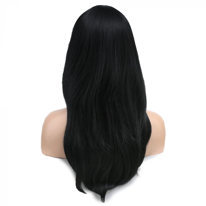 Katlı Kesim Perçemli Düz Fiber Sentetik Orta Boy Peruk - Siyah