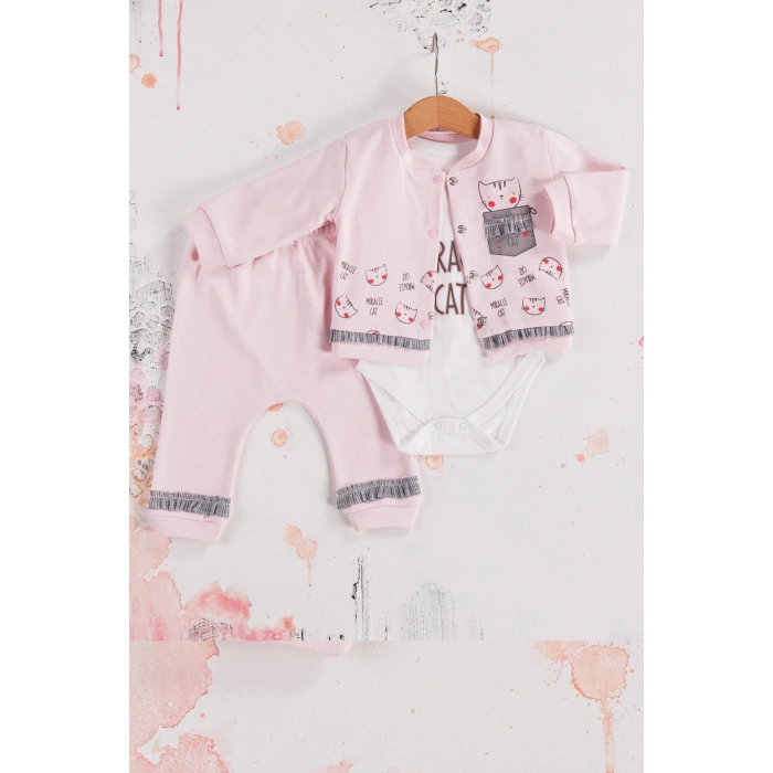 Kedi Desenli 3lü Hırkalı Kız Bebek Takım