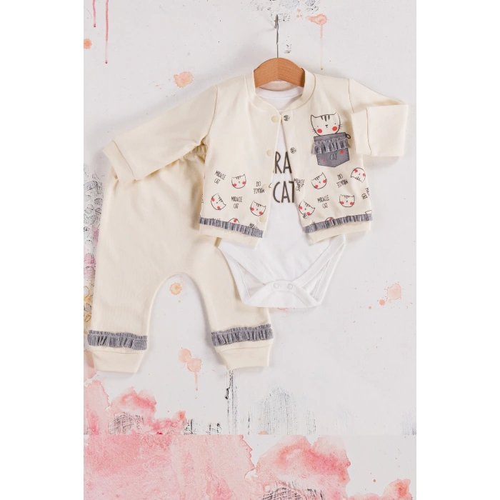 Kedi Desenli 3lü Hırkalı Kız Bebek Takım