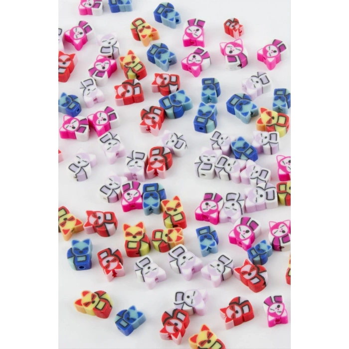 Kedi Desenli Fimo Boncuk 100 Adet