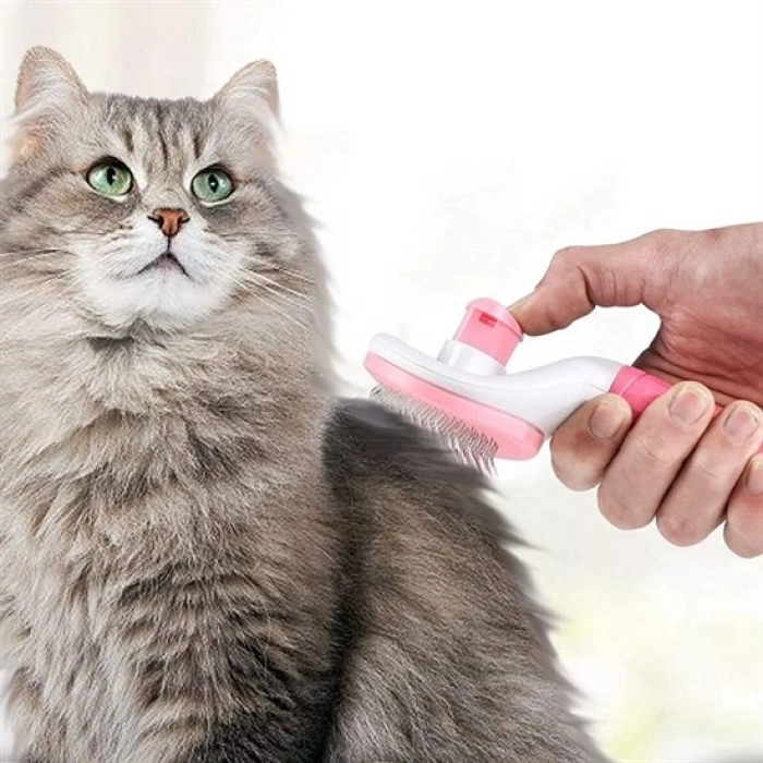 Kedi Köpek Tüy Toplayıcı Kendini Temizleyebilen Ergonomik Saplı Evcil Hayvan Tarağı Pembe (4887)